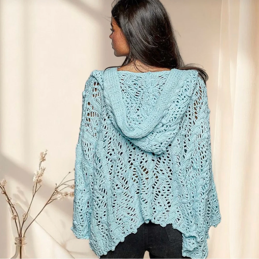 POL Baby Blue Crochet Hooded Open Knit Cardigan Sweater - Picture 8 of 11